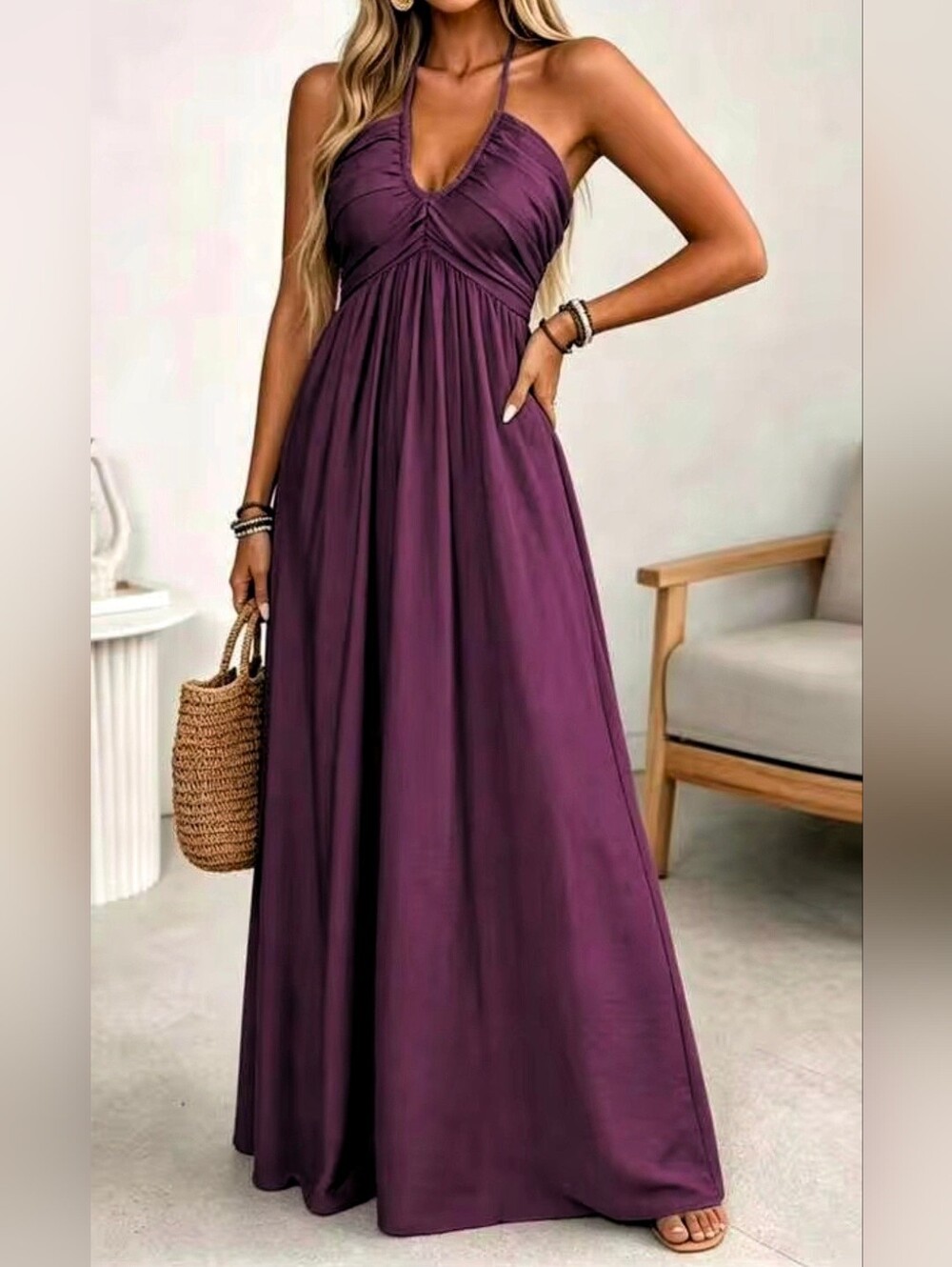 New Tie Halter Smocked Tiered Maxi Dress Purple Sangria Wine